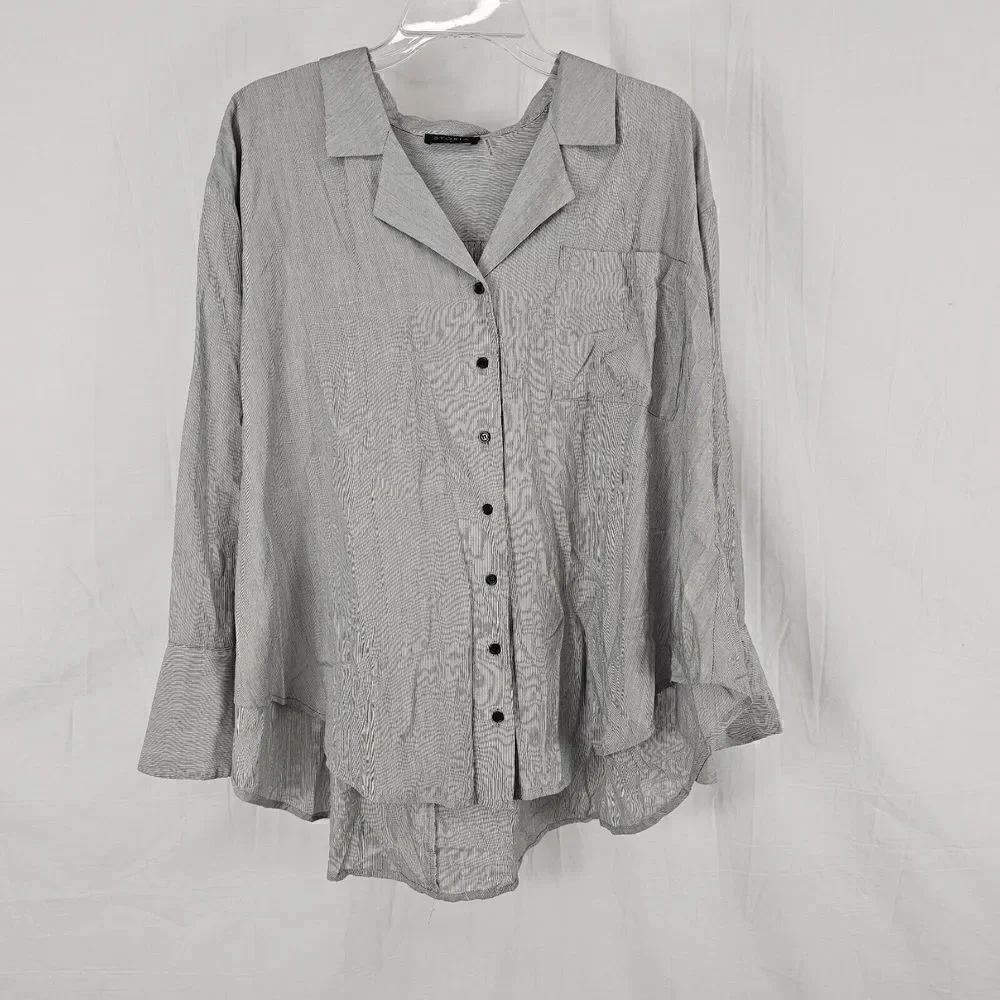 Storia Gray Striped Button-Down Longsleeved Blouse Oversized Pleated Small S